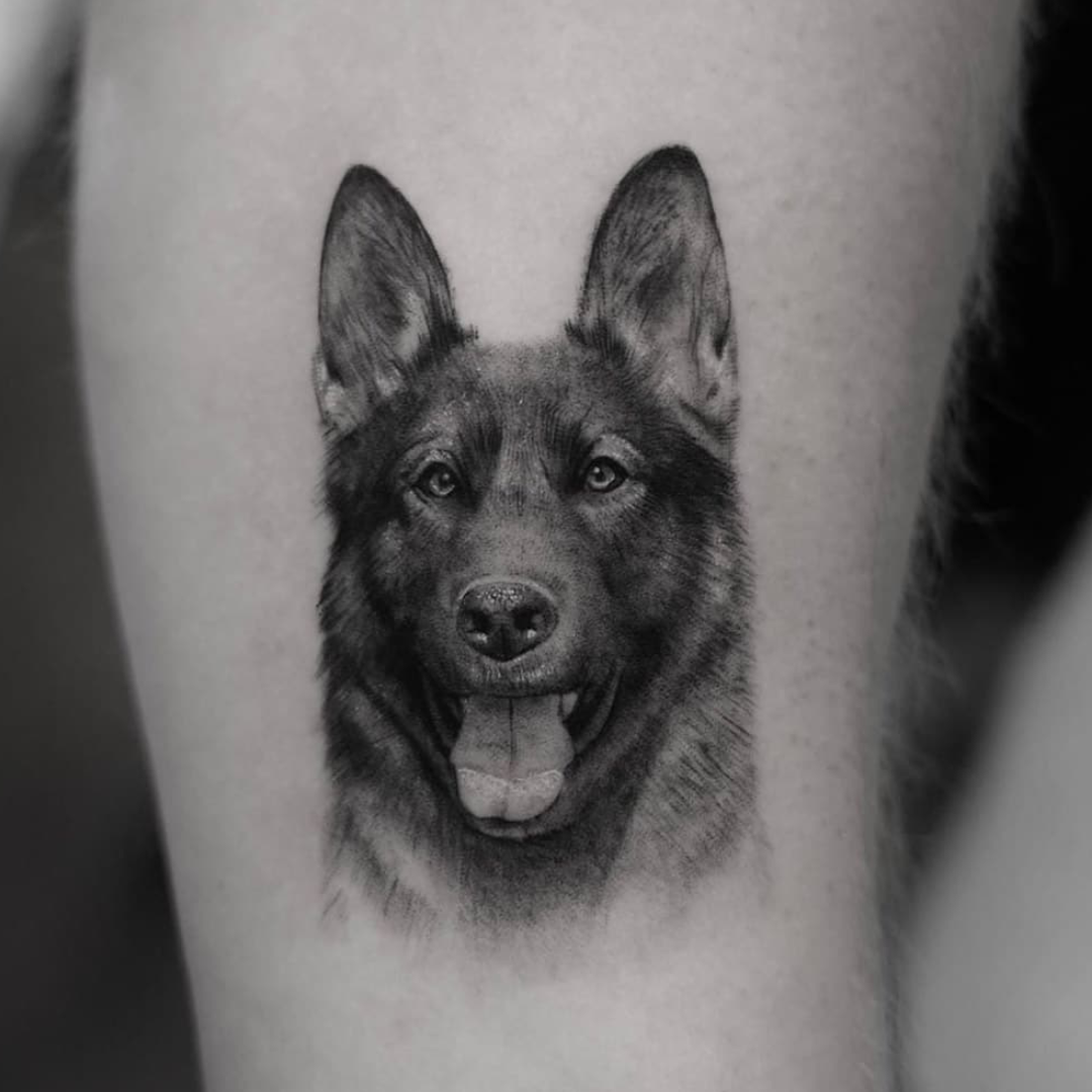 Mikrorealistisches Porträt eines Hundes von Ben (@ben_tats) Resident Artist bei Mommy I'm Sorry Stuttgart Tattoo Studio